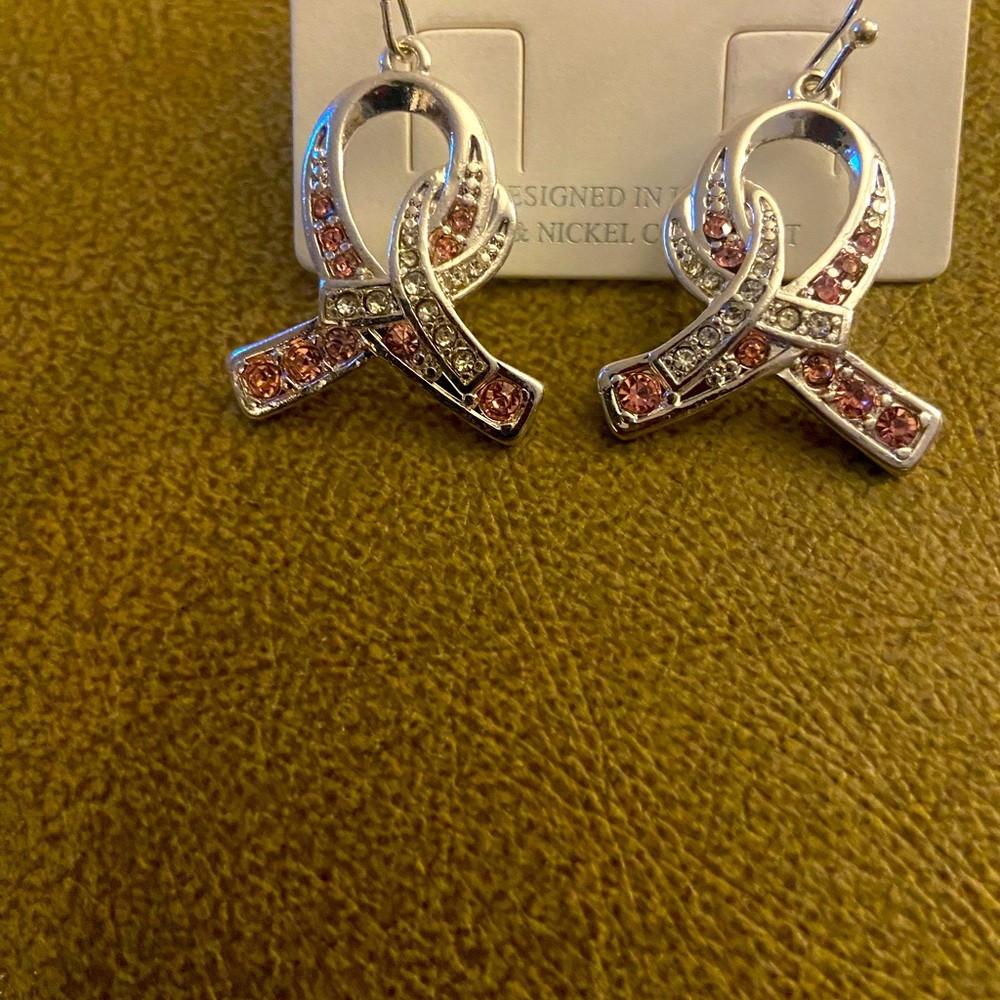 Pink Ribbon Rhinestone Earrings - Picture 4 of 5